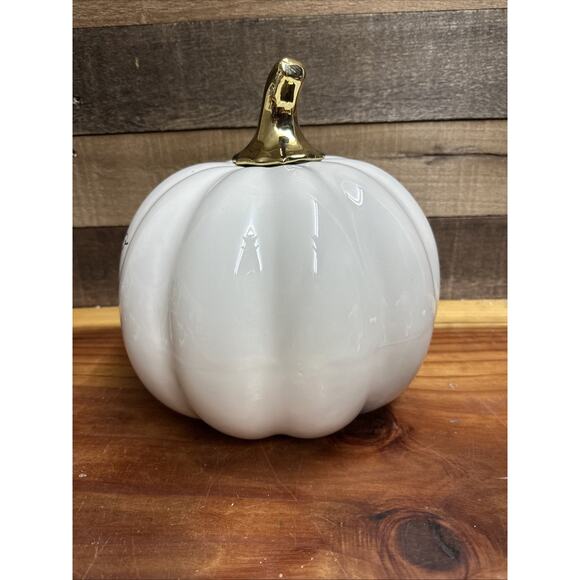 Martha Stewart Porcelain Ceramic Pumpkin HELLO FALL White with Gold Autumn Fall - Picture 4 of 5